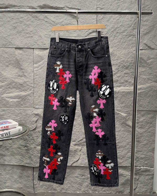 Luxury Chrome Hearts Jeans Pink Leather Patchwork Collection
