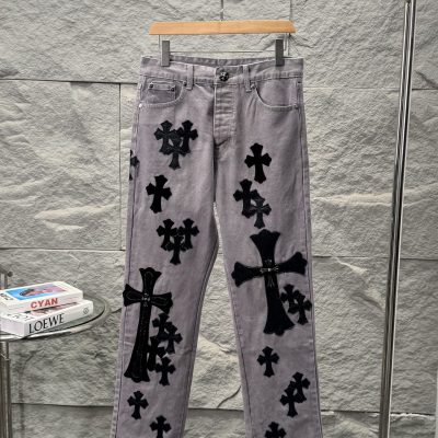 High Quality Chrome Hearts Jeans Black Leather Washed Style