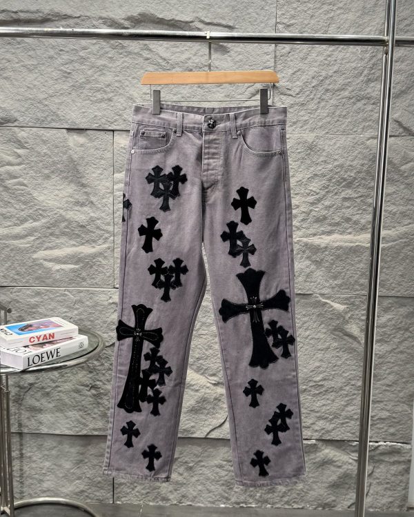 High Quality Chrome Hearts Jeans Black Leather Washed Style