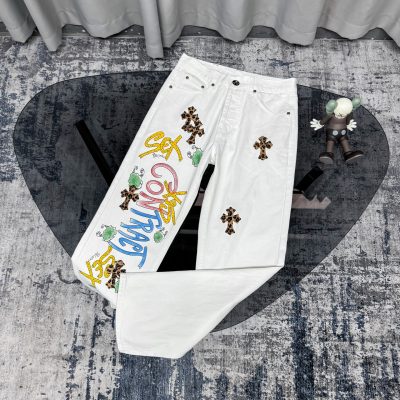 High Quality Chrome Hearts Jeans White Canvas Print Luxury
