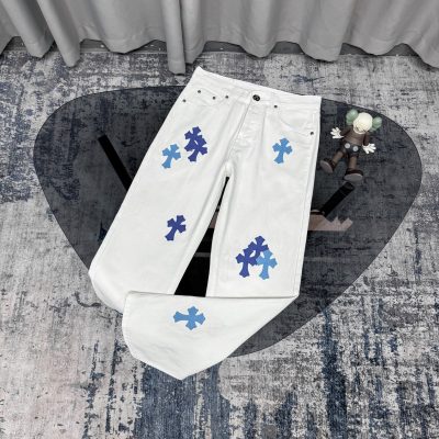 Best Selling Chrome Hearts Jeans Silver Leather Washed Style