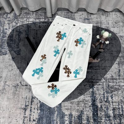 Best Selling Chrome Hearts Jeans White Leather Print Luxury