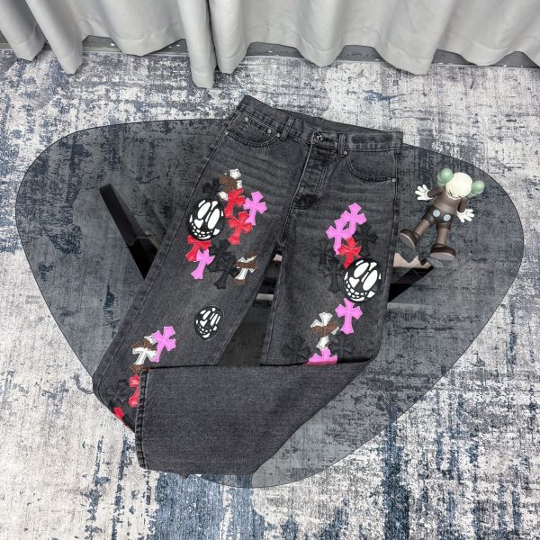 Luxury Chrome Hearts Jeans Black Leather Patchwork Collection