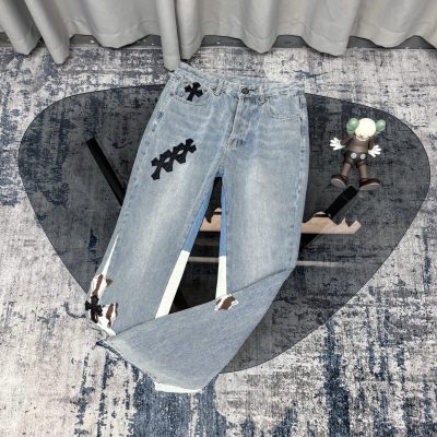 Best Selling Chrome Hearts Jeans Blue Leather Distressed Style