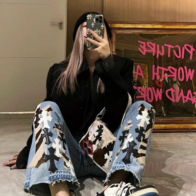 Luxury Chrome Hearts Jeans Blue Leather Distressed Luxury