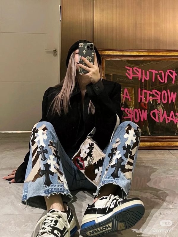 Luxury Chrome Hearts Jeans Blue Leather Distressed Luxury