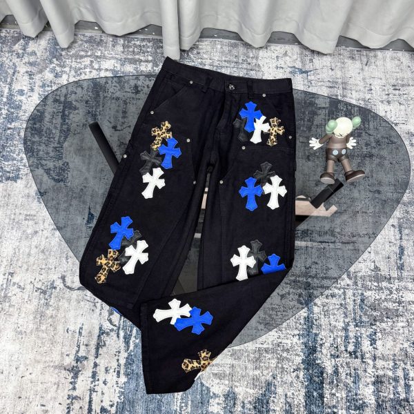 Best Selling Chrome Hearts Jeans Blue Leather Print Style