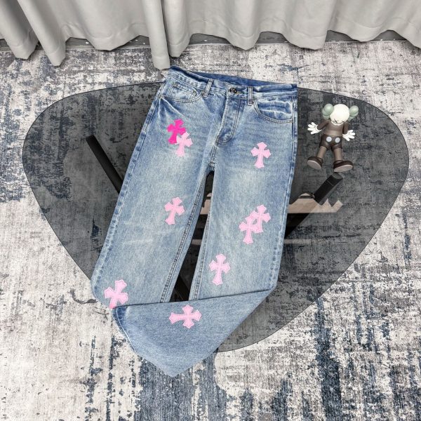 Premium Chrome Hearts Jeans Blue Leather Patchwork Style
