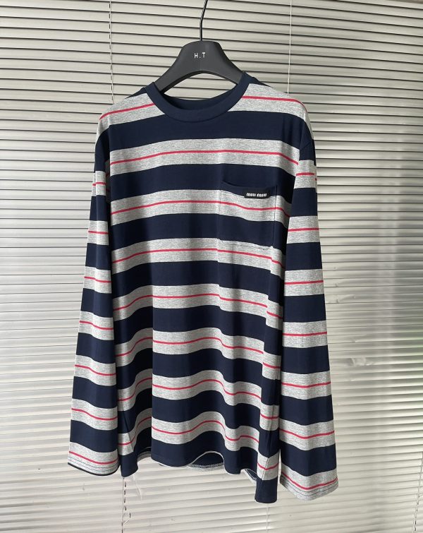 High Quality Miu Miu Long Sleeves Navy Knit Stripe Collection
