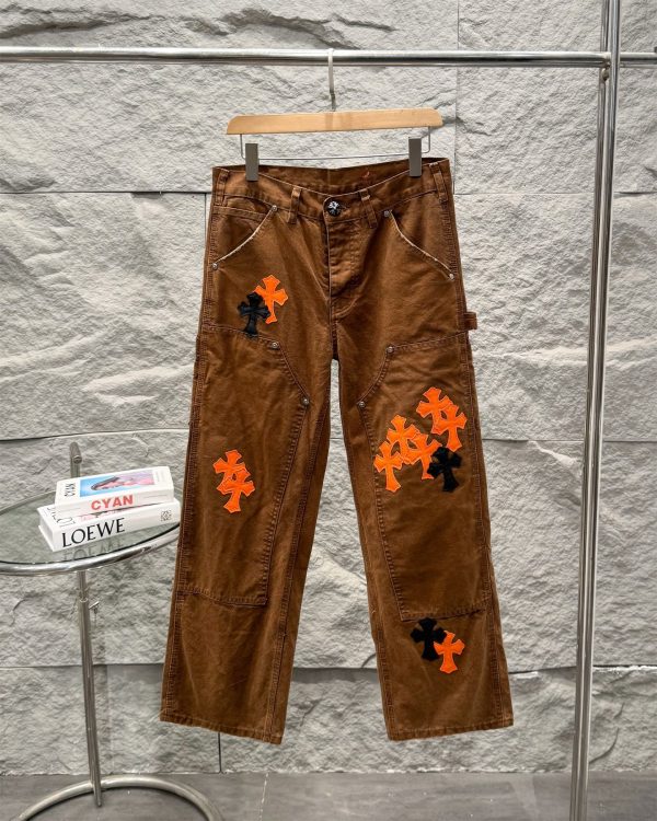 Premium Quality Chrome Hearts Jeans Brown Leather Washed Collection