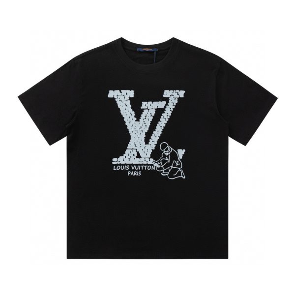 Premium Quality Louis Vuitton Short Sleeves Black Cotton Logo Style