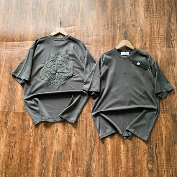 Premium Stone Island Short-Sleeved T-Shirts Gray Nylon Solid Luxury