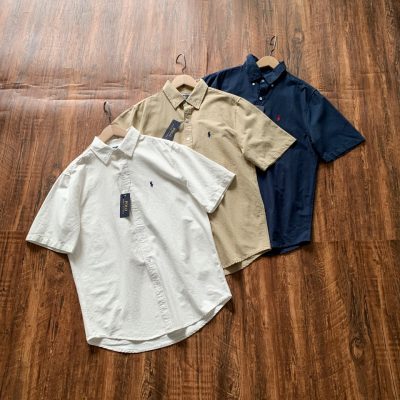 High Quality Ralph Lauren Short-Sleeved Shirt Khaki Cotton Embroidered Collection
