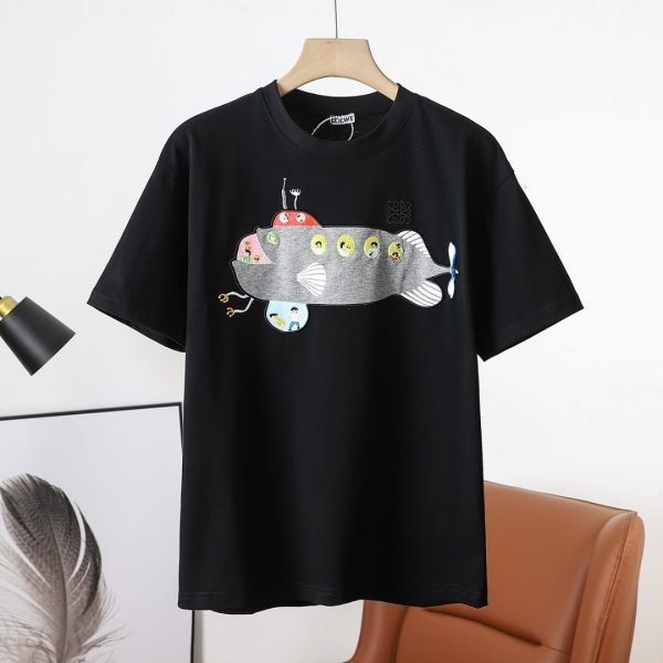 Premium Loewe Short Sleeves Black Cotton Embroidered Luxury