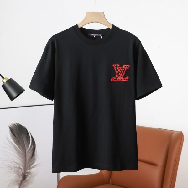 High Quality Louis Vuitton Short Sleeves Black Cotton Embroidered Style