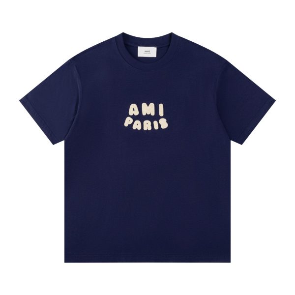 Premium Quality Ami Short Sleeves Navy Cotton Logo Collection