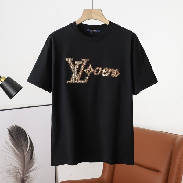 Premium Quality Louis Vuitton Short Sleeves Black Cotton Embroidered Style