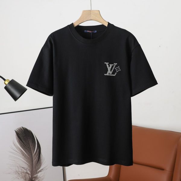 Luxury Louis Vuitton Short Sleeves Black Cotton Rhinestone Style