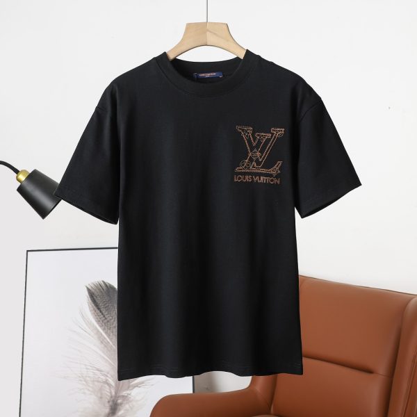 Premium Louis Vuitton Short Sleeves Black Cotton Embroidered Style