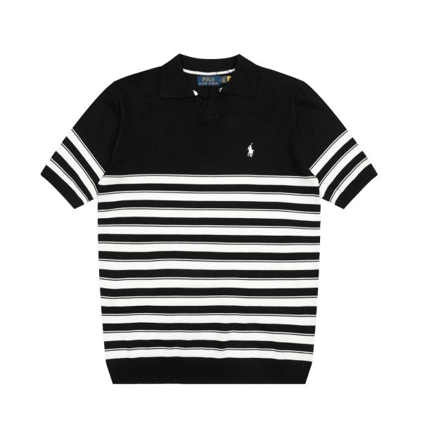 Premium Quality Ralph Lauren Short Sleeves Black Silk Striped Collection