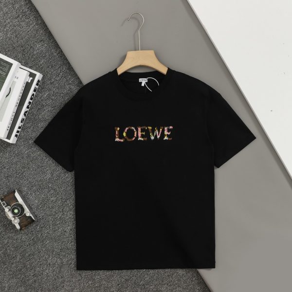 Luxury Loewe Short Sleeves Black Cotton Embroidered Style